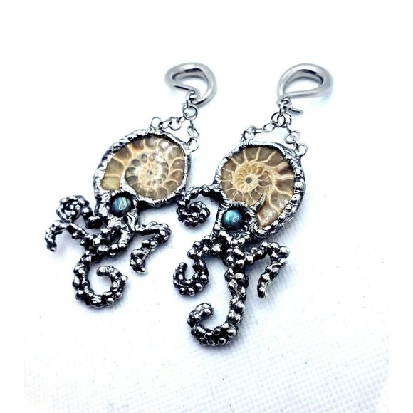 Ammonite and Labradorite Tentacle Ear Weights - Handmade earrings stretched ears - Picture 3 of 12